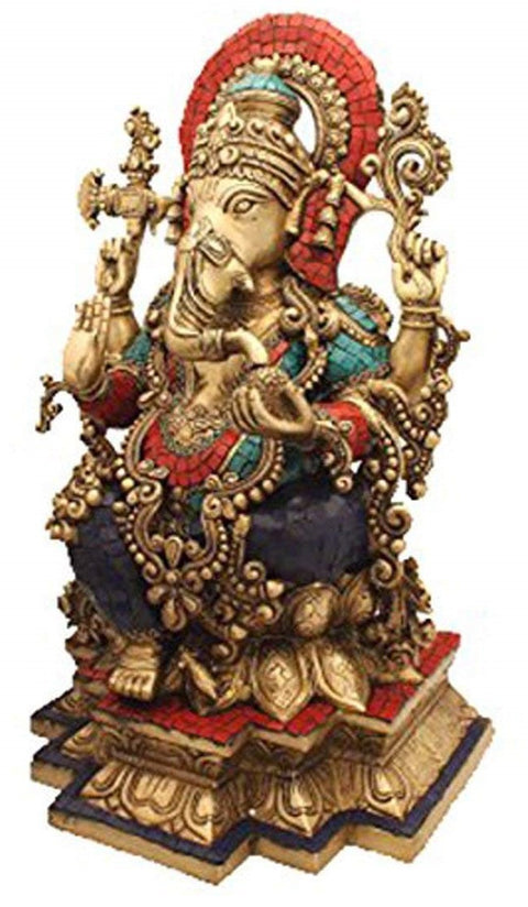  19" Bhagawan Ganapati (Lord Ganesha Inlay Statue) In Brass | Handmade | Made In India