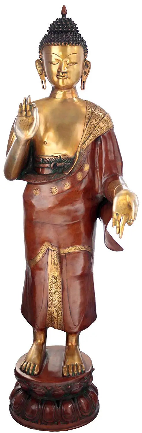 33" Standing Preaching Buddha - Tibetan Buddhist Deity Statue in Brass | Handmade