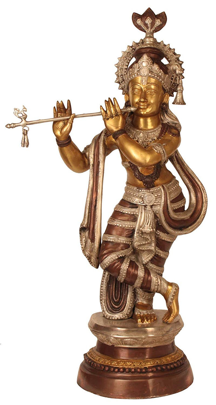 36" Krishna With Flute Handmade Brass Statue for Home Decor