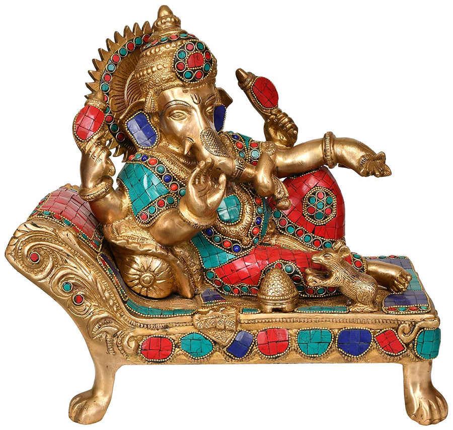 13" Handmade Resting Lord Ganesh Brass Statue