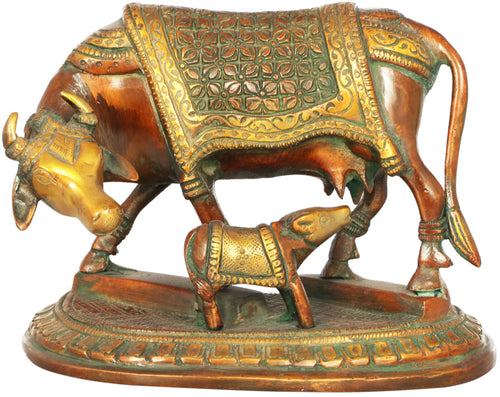 7" Brass Cow and Calf Handmade Statue