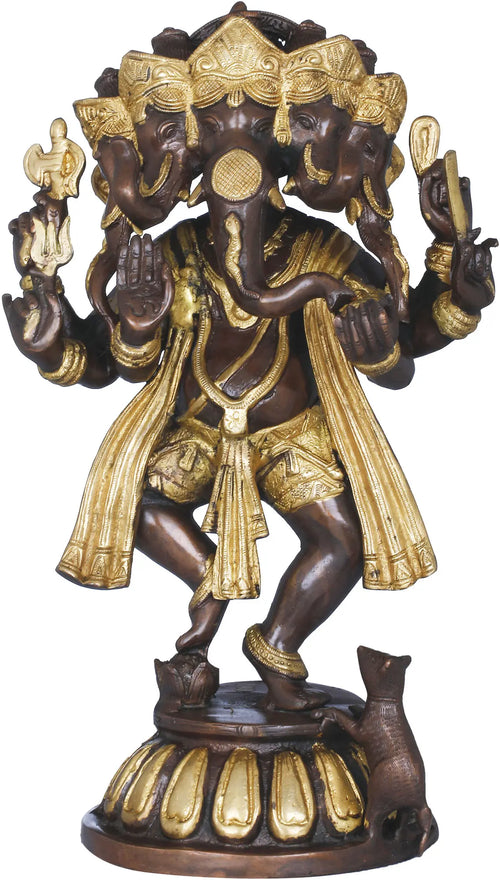 14" Handmade Dancing Panchmukhi Ganesha Brass Statue