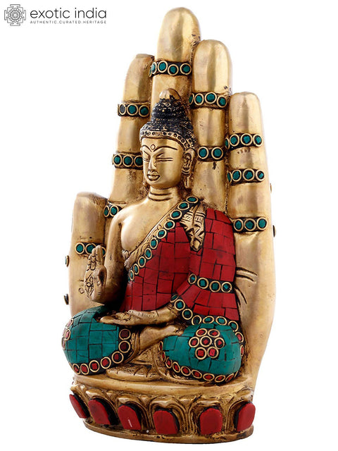9" Buddha Seated in the Backdrop of Blessing Hand- Brass Statue with Inlay Work In Brass | Handmade | Made In India