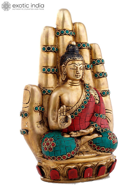 9" Buddha Seated in the Backdrop of Blessing Hand- Brass Statue with Inlay Work In Brass | Handmade | Made In India