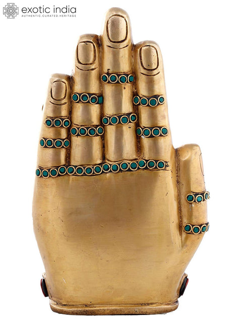 9" Buddha Seated in the Backdrop of Blessing Hand- Brass Statue with Inlay Work In Brass | Handmade | Made In India
