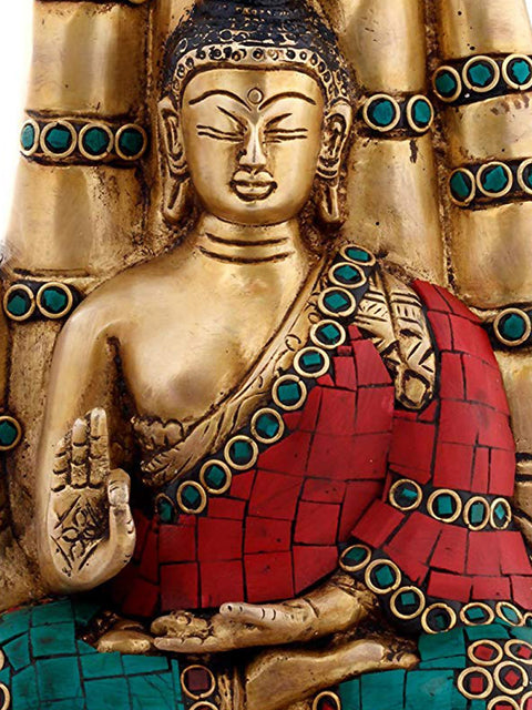 9" Buddha Seated in the Backdrop of Blessing Hand- Brass Statue with Inlay Work In Brass | Handmade | Made In India