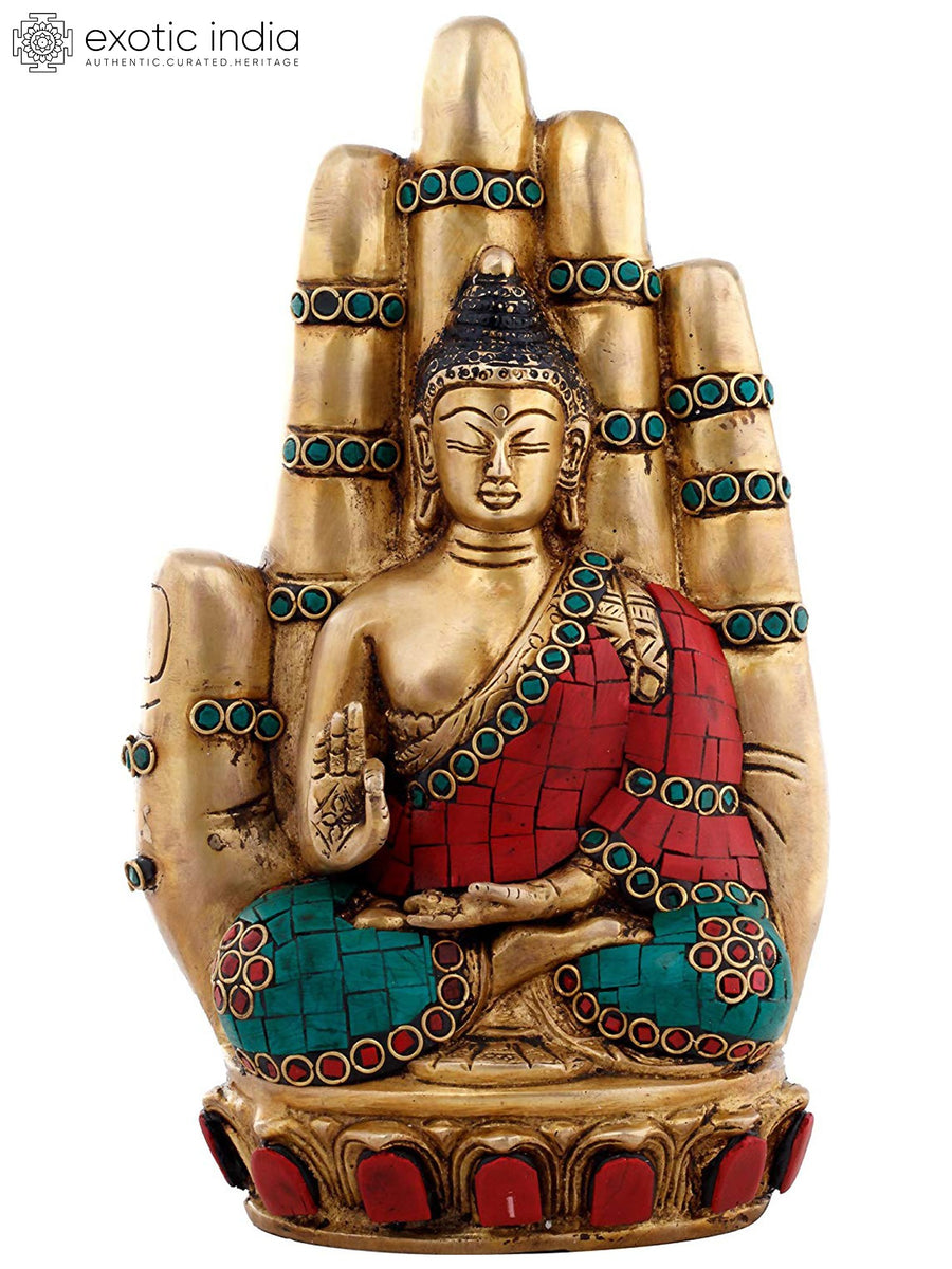 9" Buddha Seated Blessing Hand Brass Statue with Inlay Work Handmade