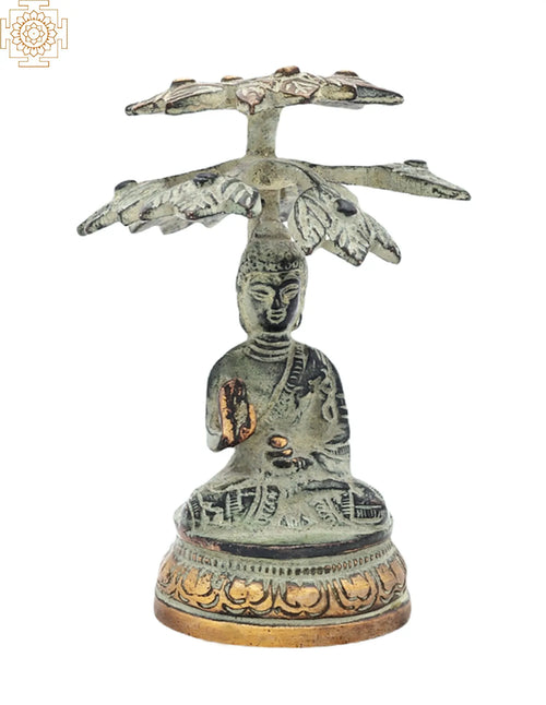 4" Handmade Brass Lord Buddha Seated Under Tree Statue