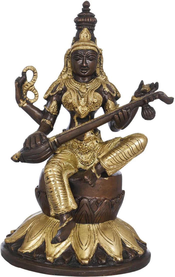 9" Goddess Saraswati Seated on Lotus In Brass | Handmade | Made In India