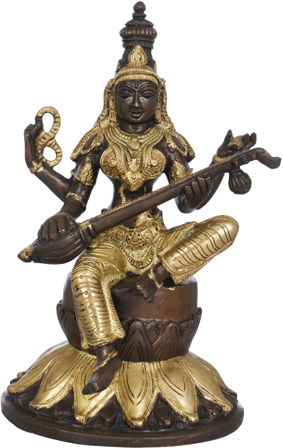 9" Goddess Saraswati Seated on Lotus Brass Statue Handmade