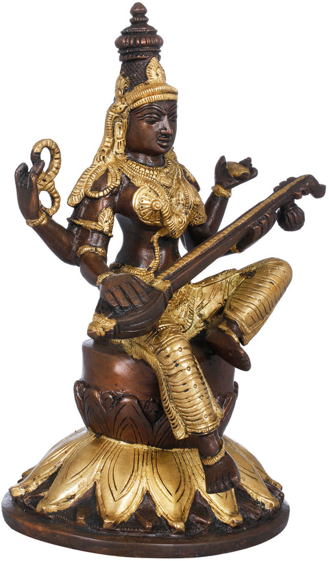 9" Goddess Saraswati Seated on Lotus In Brass | Handmade | Made In India