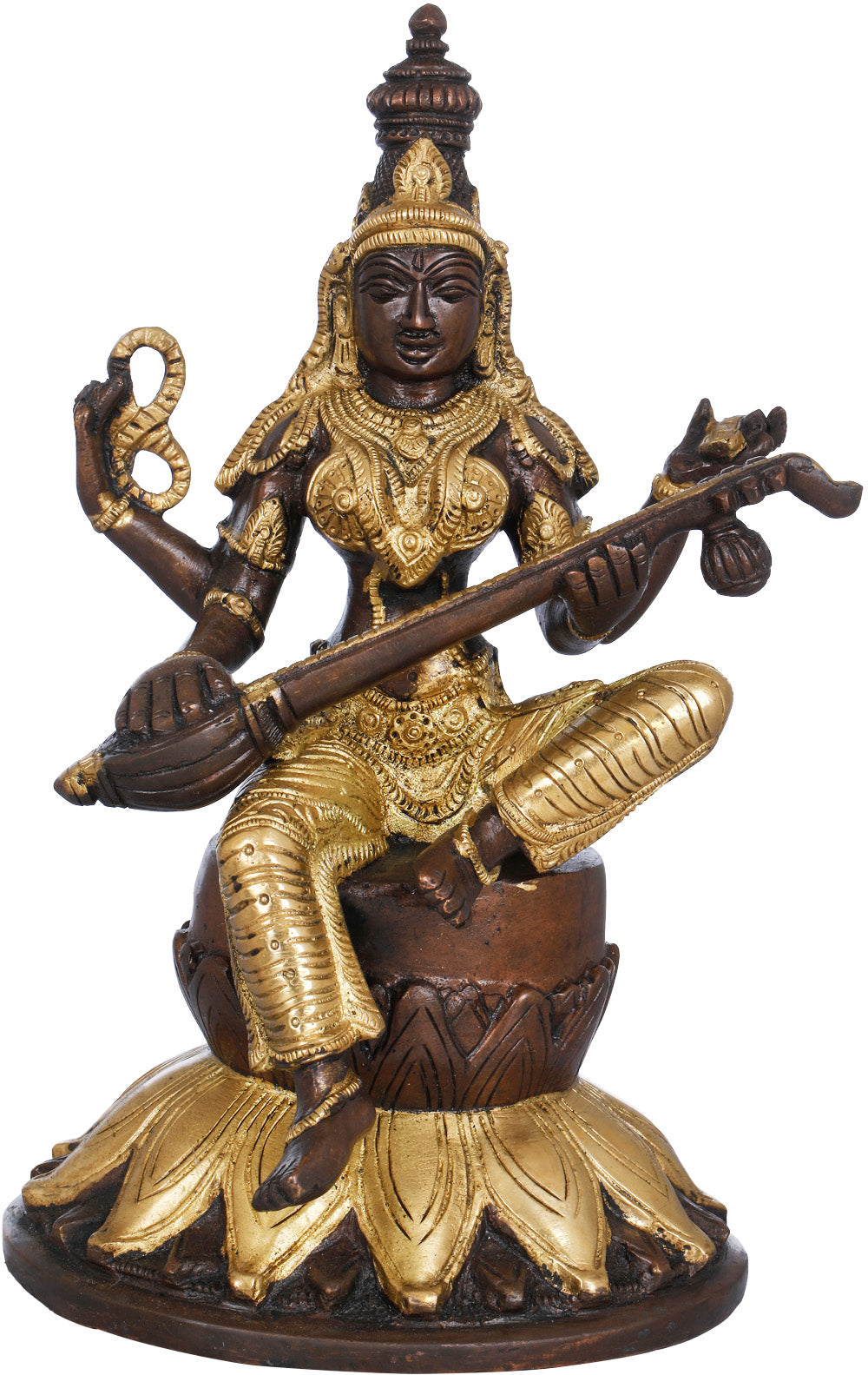 9" Goddess Saraswati Seated on Lotus In Brass | Handmade | Made In India
