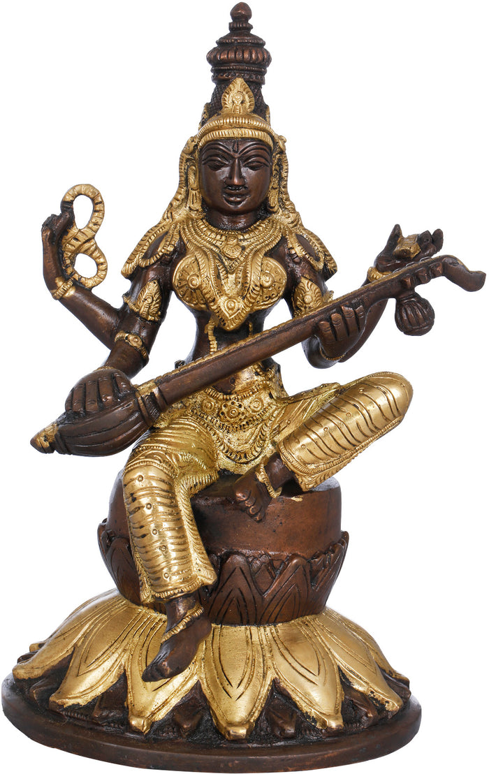 9" Goddess Saraswati Seated on Lotus In Brass | Handmade | Made In India