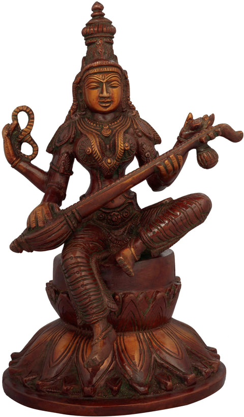 9" Goddess Saraswati Seated on Lotus In Brass | Handmade | Made In India