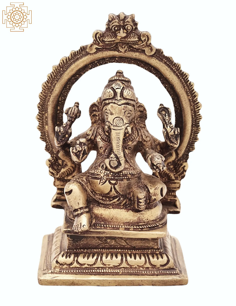 4" Handmade Ganesha Brass Sculpture with Aureole