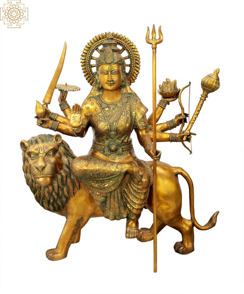 36" Large Mother Goddess Durga Brass Statue on Lion - Handmade & Made in India | Spiritual Art