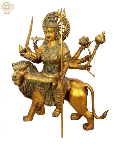 36" Large Mother Goddess Durga Brass Statue on Lion - Handmade & Made in India | Spiritual Art