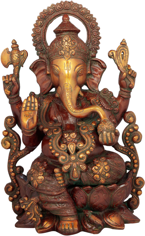 13" Seated Ganesha Brass Idol Handmade Hindu Pooja Statue