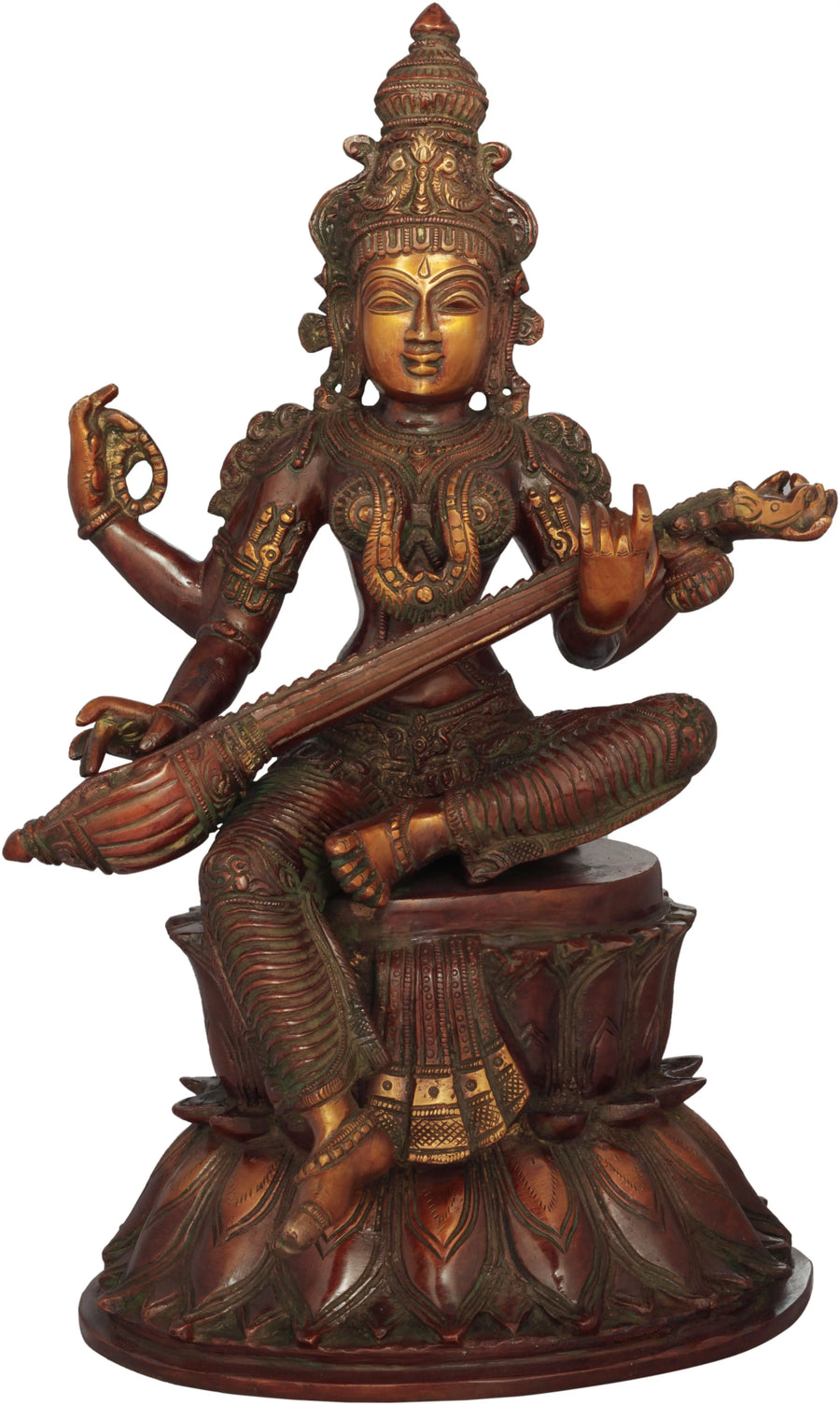 14" Handmade Saraswati Playing Veena Brass Statue