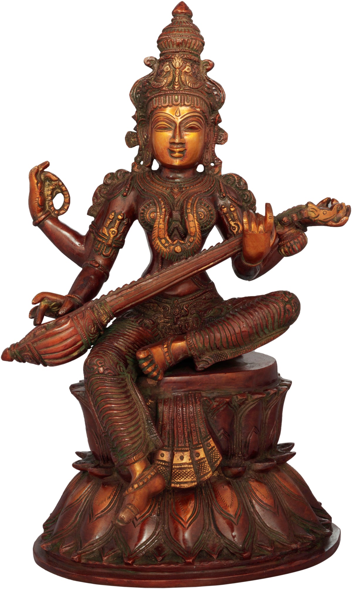 14" The Beauteous Saraswati Strumming On Her Goad-Veena | Handmade | Brass Statue | Made In India