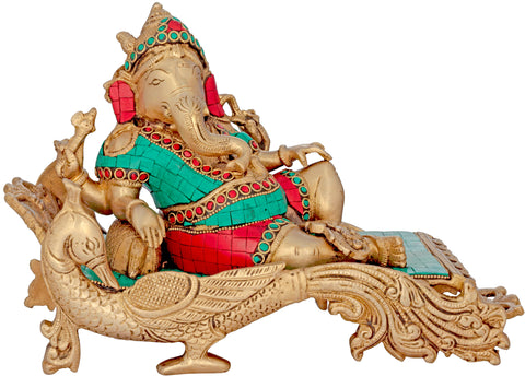 11" Ganesha Idol Relaxing on Peacock Recliner | Handmade Brass Statue with Inlay