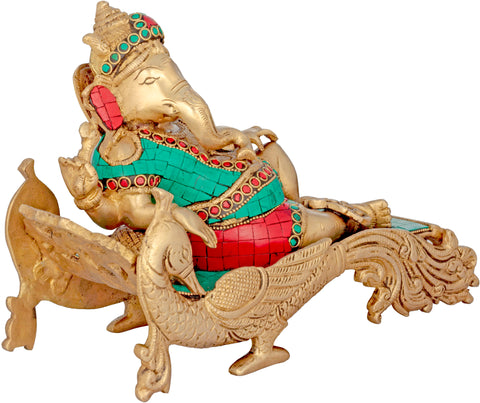 11" Ganesha Idol Relaxing on Peacock Recliner | Handmade Brass Statue with Inlay
