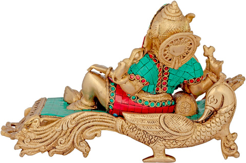 11" Ganesha Idol Relaxing on Peacock Recliner | Handmade Brass Statue with Inlay
