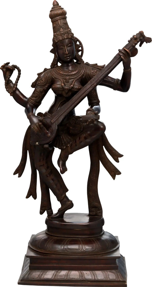 32" Dancing Saraswati Brass Statue Playing Veena Handmade