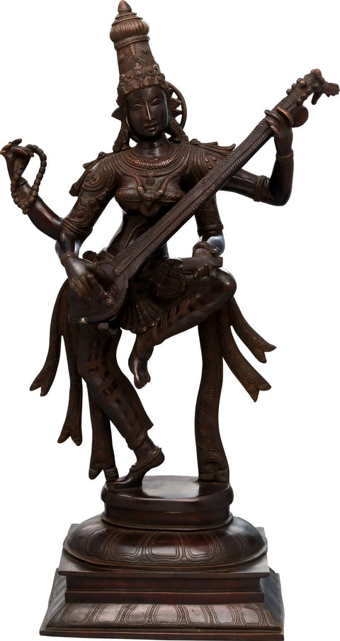 32" Dancing Goddess Saraswati Brass Statue Playing Veena - Handmade & Made in India