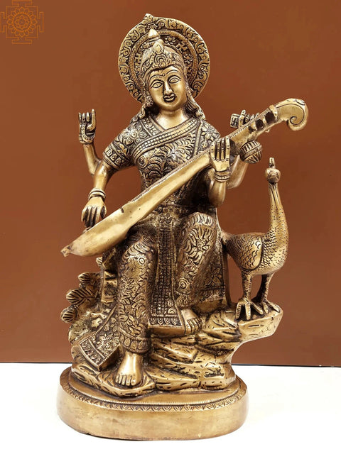 15" Goddess Saraswati Settled in Her Majestic Stance In Brass | Handmade | Made In India