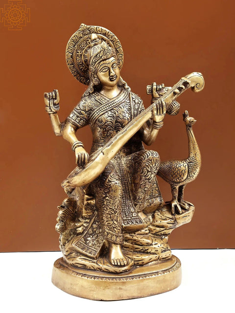 15" Goddess Saraswati Settled in Her Majestic Stance In Brass | Handmade | Made In India