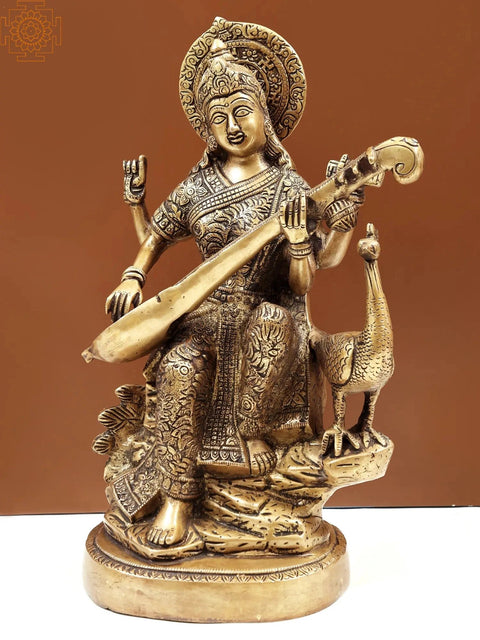 15" Goddess Saraswati Settled in Her Majestic Stance In Brass | Handmade | Made In India