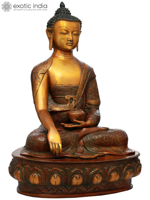 20" Lord Buddha in Earth Touching Gesture Wearing a Fullly Carved Robe (Tibetan Buddhist) In Brass | Handmade | Made In India