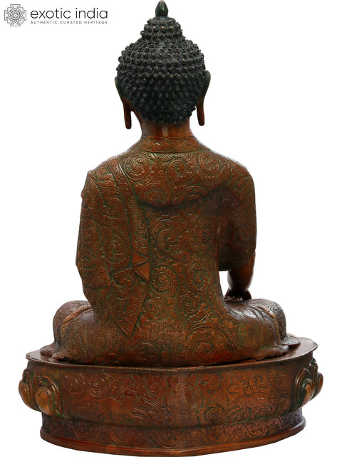20" Lord Buddha in Earth Touching Gesture Wearing a Fullly Carved Robe (Tibetan Buddhist) In Brass | Handmade | Made In India