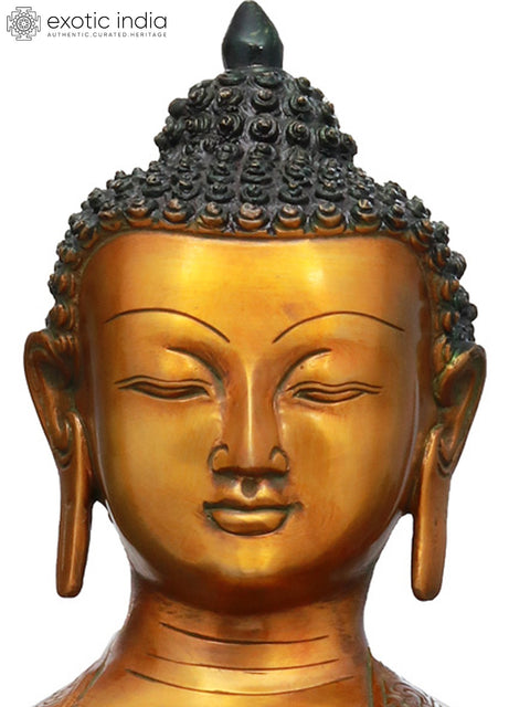 20" Lord Buddha in Earth Touching Gesture Wearing a Fullly Carved Robe (Tibetan Buddhist) In Brass | Handmade | Made In India