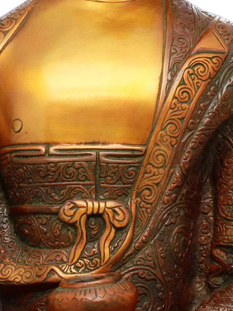 20" Lord Buddha in Earth Touching Gesture Wearing a Fullly Carved Robe (Tibetan Buddhist) In Brass | Handmade | Made In India