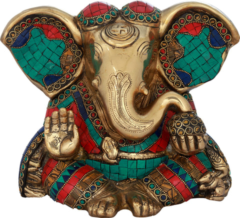 8" Inlay Blessing Ganesha with Large Ears In Brass | Handmade | Made In India