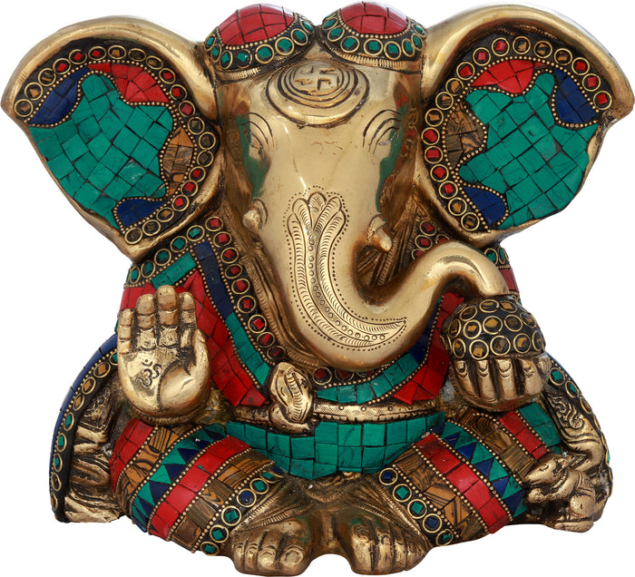 8" Inlay Blessing Ganesha with Large Ears In Brass | Handmade | Made In India