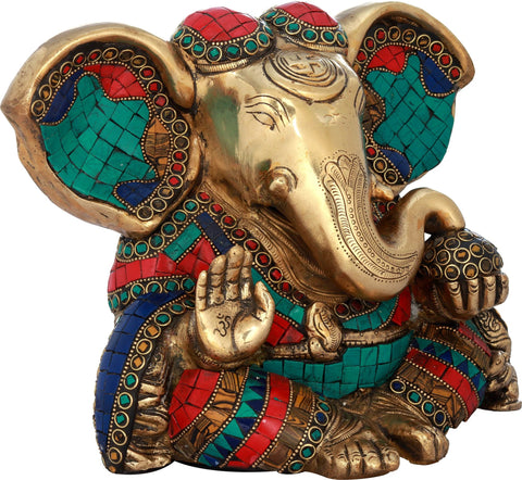 8" Inlay Blessing Ganesha with Large Ears In Brass | Handmade | Made In India