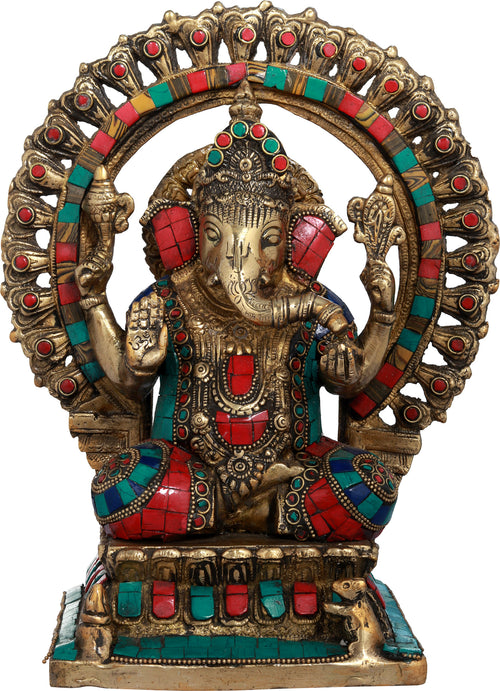 11" Lord Ganesha Lotus Petals Aureole Brass Idol Handmade
