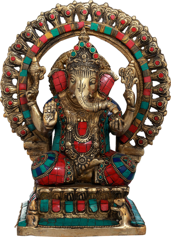 11" Lord Ganesha Lotus Petals Aureole Brass Idol Handmade