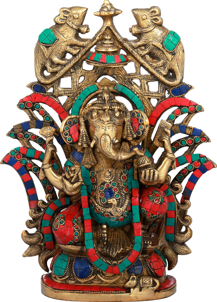 12" Ganesha Brass Idol with Vahana and Aureole Handmade