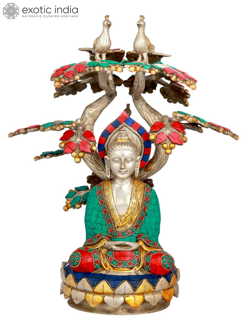 17" Lord Buddha Meditating Under Bodhi Tree Brass Statue Handmade