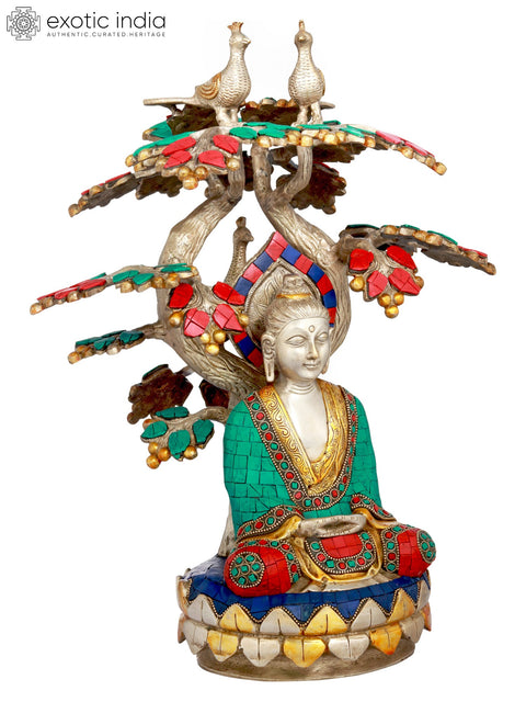 17" Lord Buddha Meditating Under The Bodhi Tree - Tibetan Buddhist In Brass | Handmade | Made In India