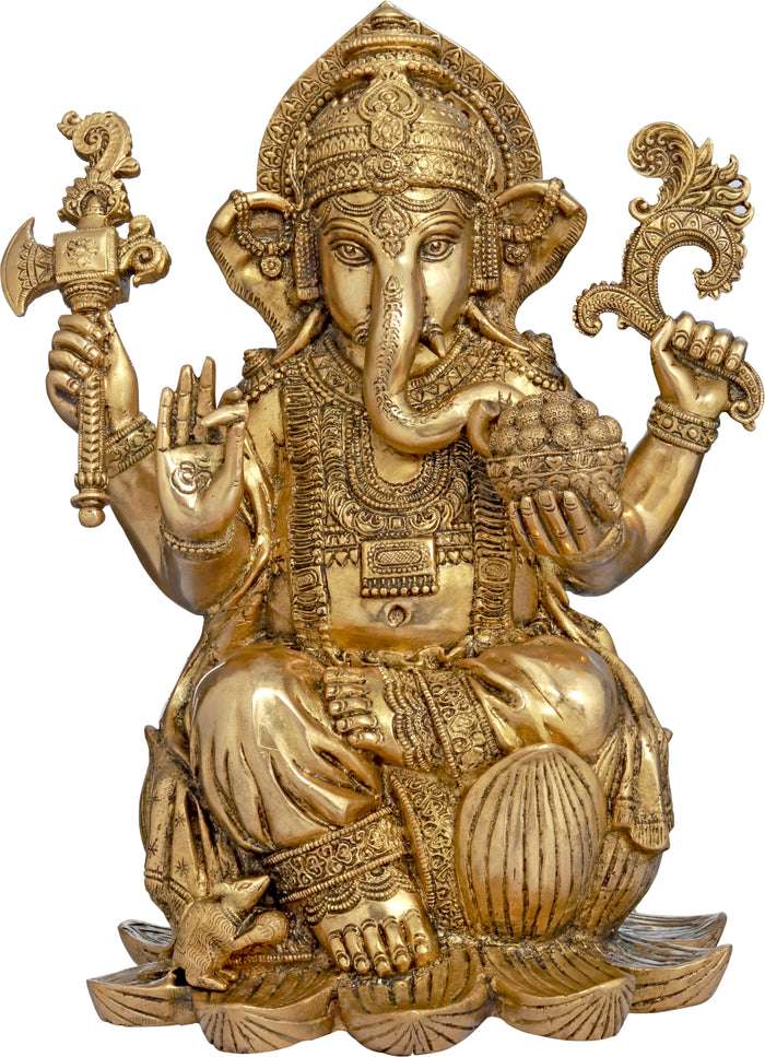 16" Richly Adorned Kamalasana Ganesha Brass Idol Handmade