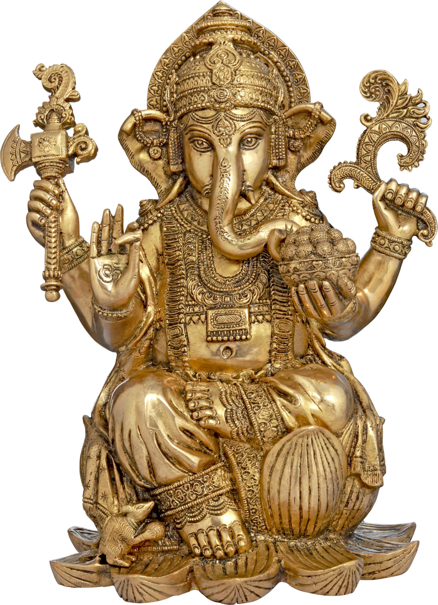 16" Richly Adorned Kamalasana Ganesha Brass Idol Handmade