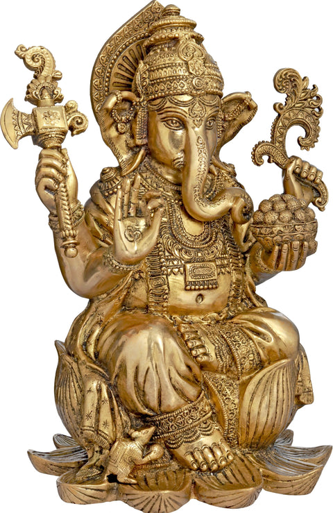 16" Richly Adorned Kamalasana Ganesha Brass Idol - Lifelike Gaze Encompassing the World | Handmade in India