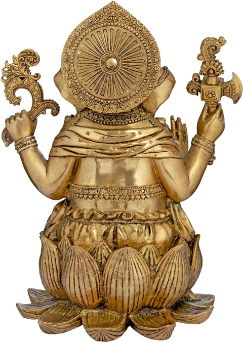 16" Richly Adorned Kamalasana Ganesha Brass Idol - Lifelike Gaze Encompassing the World | Handmade in India