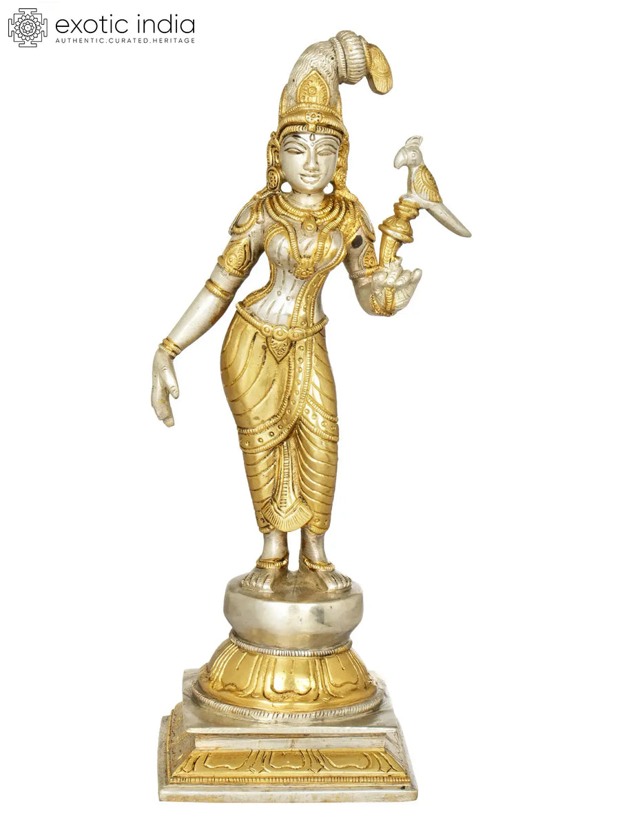 12" Brass Devi Andal Statue with Parrot Handmade