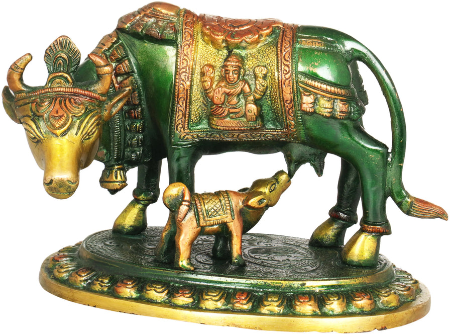 5" Brass Cow and Calf Statue with Lakshmi and Ganesha Saddle